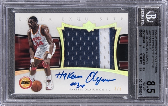 2004-05 UD "Exquisite Collection" Extra Exquisite Jerseys Autographs #HO Hakeem Olajuwon Signed Game Used Patch Card (#3/5) – BGS NM-MT+ 8.5/BGS 10
